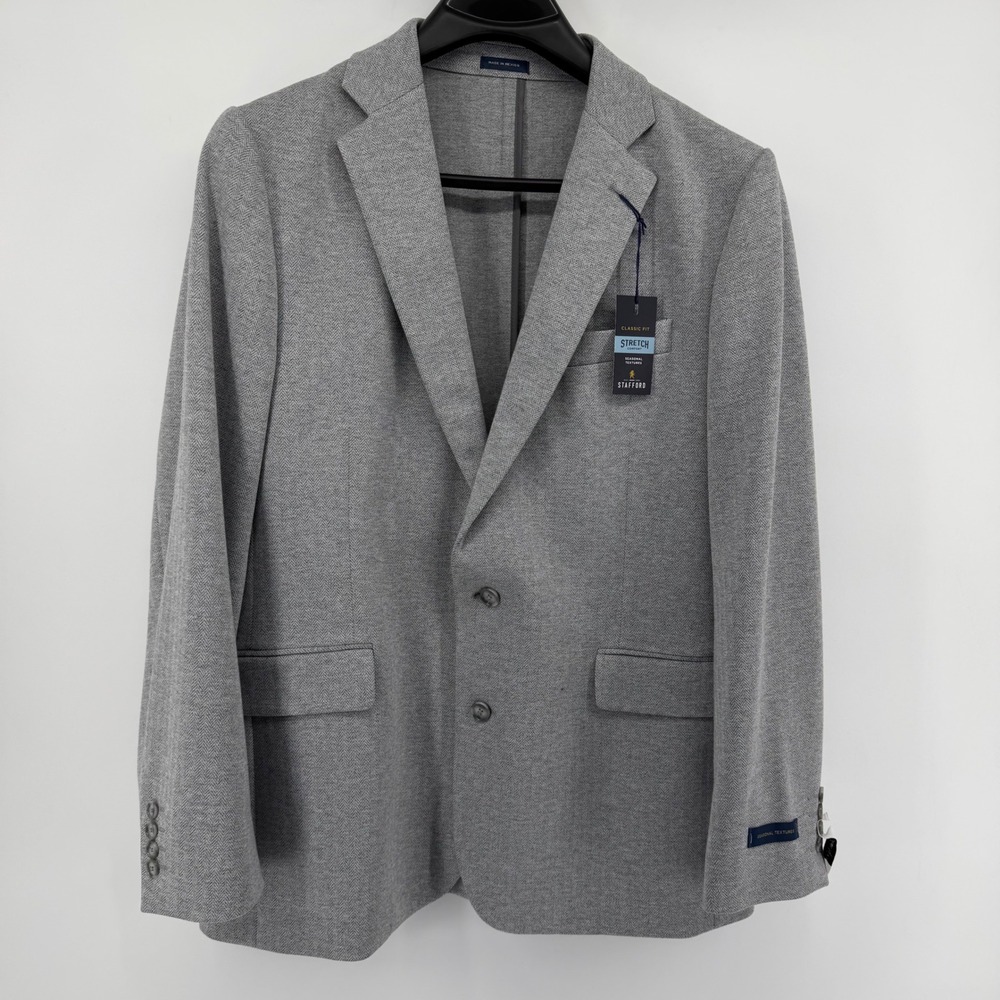 Stafford Sport Coat Mens 44R Gray Herringbone Classic Fit Stretch Notch Lapel